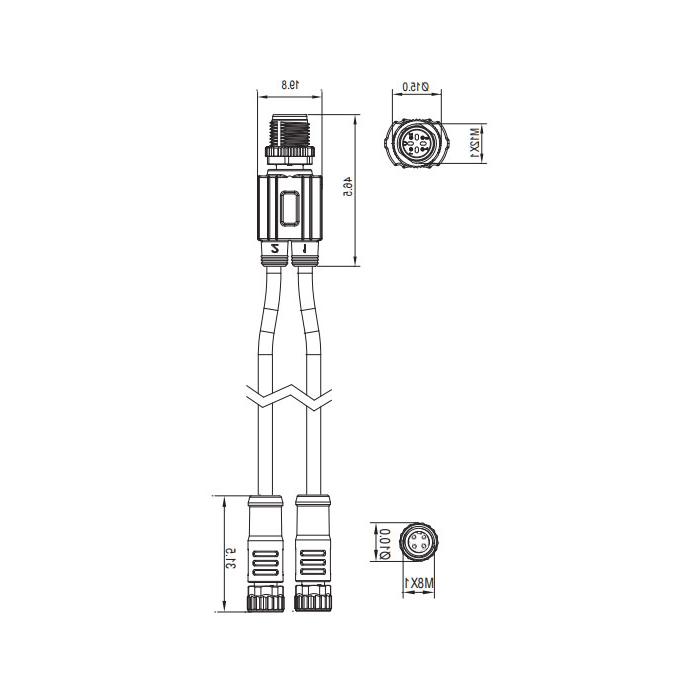 M12 4Pin公头/2M8 4Pin母头、Y型预铸PVC非柔性电缆、灰色护套、64D427-XXX